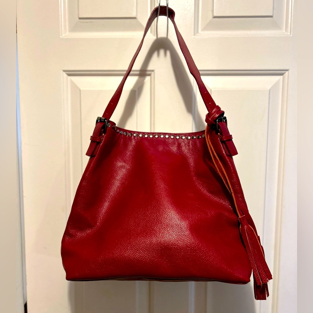 Laggo red leather tote bag with studs